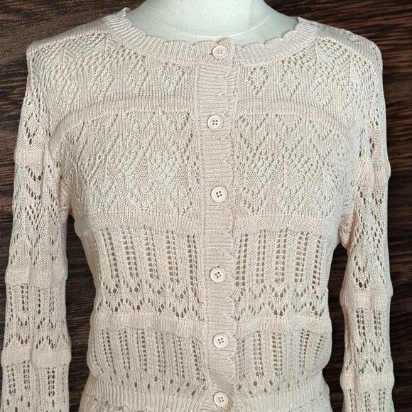 Mabel Lacy Knit Cropped Cardigan Sweater Sz L Ivory Button Up w Balloon Sleeves - Picture 2 of 10